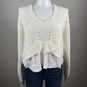 NWT Anthropologie Large Off White Chunky Knit Layered V-neck Pullover Sweater